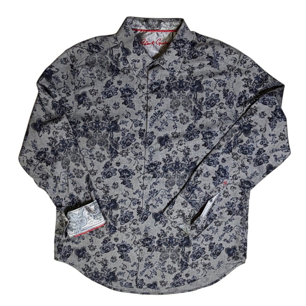 Robert Graham XL Dragon Floral Paisley Roll Tab Shirt‎ Gray Blue Cotton Boho